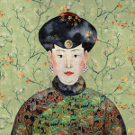 Masureel Miwa DGKIM103 The portrait displays tones of emerald green, gold, and rust with c...