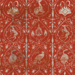 Mind The Gap HUNTER'S TAPESTRY WP20546 Rich red background with intricate white and gold motifs.