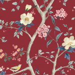 Today Interiors COASTAL HAVEN LN40001-LN40011 LN40011 Rich red background with vibrant floral patterns in pink and cream.
