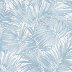 Today Interiors COASTAL HAVEN LN40700-LN40712 LN40702 Soft sky blue palm leaves on a white backdrop.