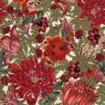 Mind The Gap THE FLOWERING GARDEN WP20551 Deep crimson red, burgundy, and orange flowers with olive green lea...