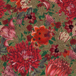 Mind The Gap THE FLOWERING GARDEN WP20552 Deep crimson red, burgundy, and orange flowers with olive green lea...