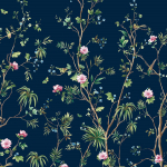 Today Interiors Carl Robinson 19 CL32201M-CL32204M CL32202M Deep navy blue background with emerald green foliage, pastel pink a...