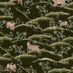 Mind The Gap COUNTRYSIDE WP20541 Deep black background with slate grey animals and olive green shrub...