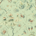 Mind The Gap Grandma's Tapestry WP30019 Light coral, pale blue, and soft grey floral patterns on a pastel g...