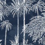 Today Interiors COASTAL HAVEN LN40201-LN40218 LN40212 White palm tree motifs on a deep navy blue background.