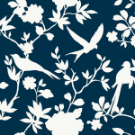 Today Interiors COASTAL HAVEN LN40902-LN40912 LN40902 Soft white bird and floral silhouettes on a rich navy blue background.