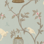 Nina Campbell Birdcage Walk NCW3770-03 Misty sky blue background, with calico birds and raspberry centred ...