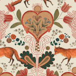 Mind The Gap THE VIXEN WP20554 Red, orange, and blue flowers with green leaves on a cream background.