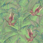 Matthew Williamson Sunbird W6543-03 Lime and fuchsia birds with emerald green foliage, on a bright gree...