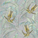 Matthew Williamson Sunbird W6543-05 Lemon and lime birds, pale mint green leaves, on silver.