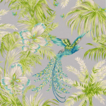 Matthew Williamson Bird of Paradise W6655-04 Turquoise and greens on a fresh metallic silver background.