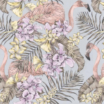 Matthew Williamson Flamingo Club W6800-04 Matt Silver - Lilac and lemon against a silver background