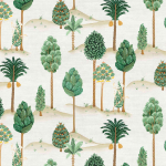 Osborne & Little FORESTA W7901-01 Various emerald trees with detailed foliage on a light beige backgr...