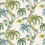 Osborne & Little SHALIMAR W7903-01 Tropical palm trees in shades of olive and blue on a cream background.