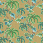 Osborne & Little SHALIMAR W7903-03 Lush palm trees in greens and blues on a metallic gold background w...