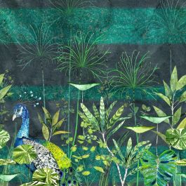 Arjuna leaf with peacock viridian - Green Wallpaper