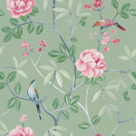 Today Interiors Carl Robinson 19 CL30901-CL30912 CL30904 Rose pink, jade green, and silver on a soft green background.