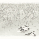 Masureel RIVER DGKIM201 The design features grey and white branches with boats on a light g...