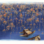 Masureel RIVER DGKIM203 The design includes golden and red branches with boats on a deep bl...