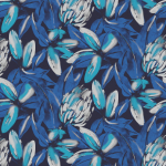 Masureel Constanza HAV103 Showcases striking blue and white flowers on a deep navy blue backg...