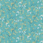 Masureel HARU KIM102 Vibrant teal and gold branches with white blossoms set against an a...