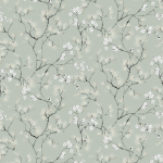 Masureel HARU KIM108 Cream and grey branches with white blossoms on a sage background.