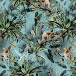 Avalana LEAPING LEMURS LEAPLEMTE-WP-RO A deep teal backdrop adorned with dynamic illustrations of lemurs a...