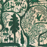 Mind The Gap THE ENCHANTED WOODLAND WP20549 Forest green illustrations of trees, animals, and plants on a light...