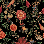 Mind The Gap TRANSSILVANIAN FLORILEGIUM WP20557 Deep black background with striking red, green, and blue floral pat...