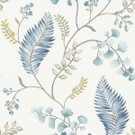 Today Interiors THE KEYS WTK20300-WTK20312 WTK20302 A crisp white backdrop with leaves in soft blue and green tones.