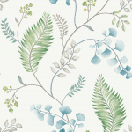 Today Interiors THE KEYS WTK20300-WTK20312 WTK20304 A clean white base featuring leaves in green and blue hues.