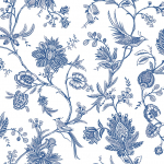 Today Interiors THE KEYS WTK20500-WTK20508 WTK20502 Blue floral and bird patterns on a white background.
